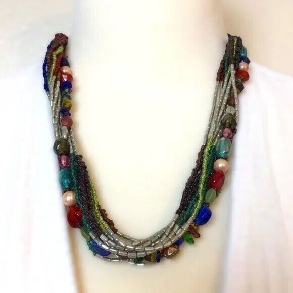 Layered Beaded Necklace Silver Tone Multicolor Multi Strand Statement 23in - Picture 2 of 7